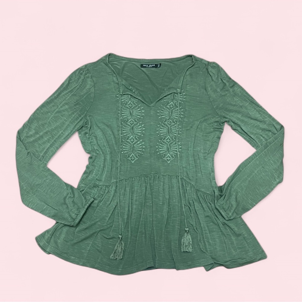 Boho‎ Peasant Tunic Top Forest Green Floral Embroidery Tassel XS